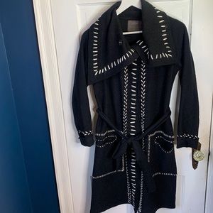 Anthropologie Guinevere Cardigan Sweater Belted Black Merino Wool Coat Sz XS
